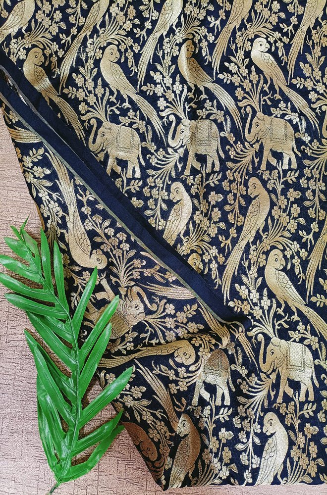 Black Banarasi Silk Elephant And Parrot Design Fabric (0.8 Mtr) - Luxurion World