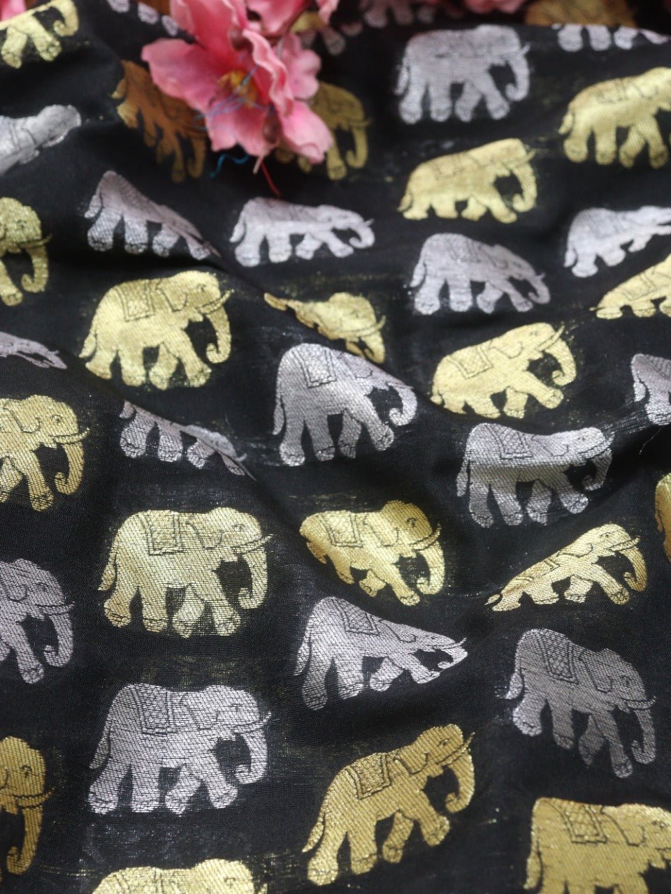 Black Banarasi Silk Elephant Design Fabric (2.5Mtr) - Luxurion World