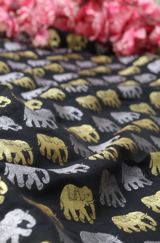 Black Banarasi Silk Elephant Design Fabric (2.5Mtr) - Luxurion World