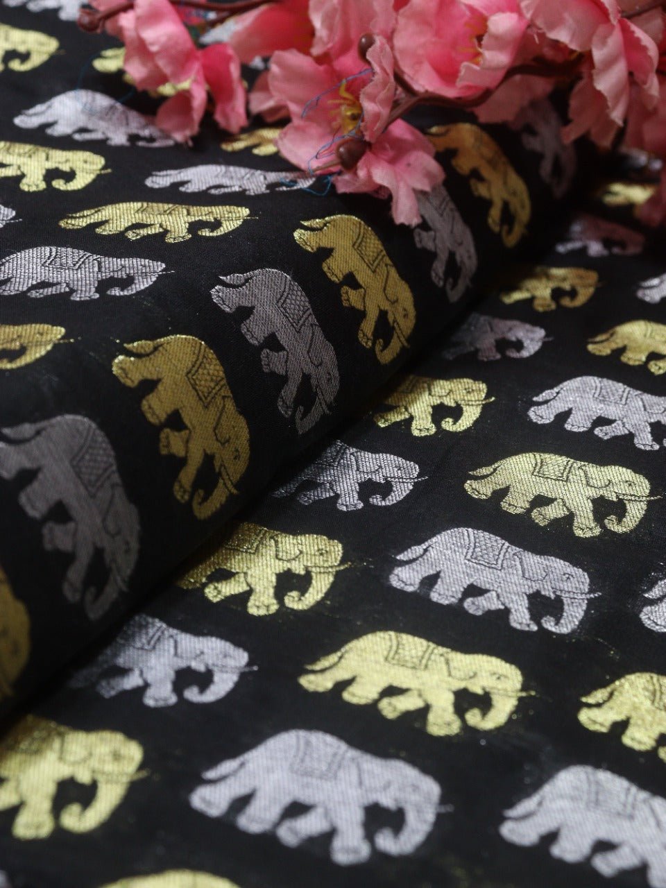 Black Banarasi Silk Elephant Design Fabric (2.5Mtr) - Luxurion World
