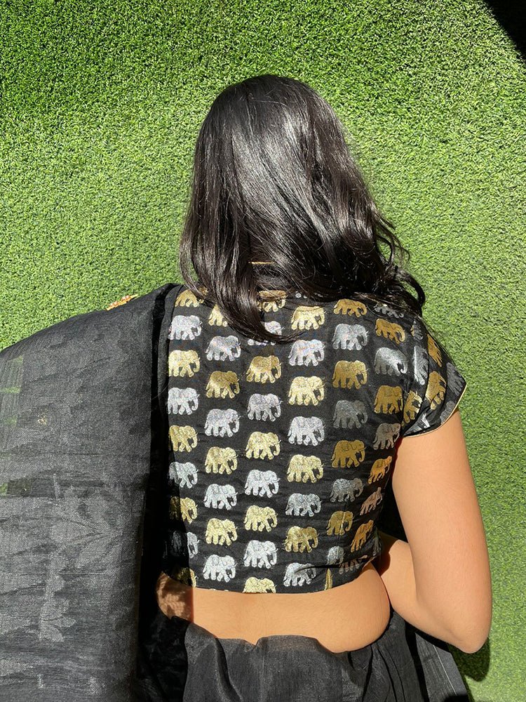 Black Banarasi Silk Potli Botton Padded Sona Roopa Elephant Design Blouse - Luxurion World