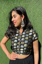 Black Banarasi Silk Potli Botton Padded Sona Roopa Elephant Design Blouse - Luxurion World