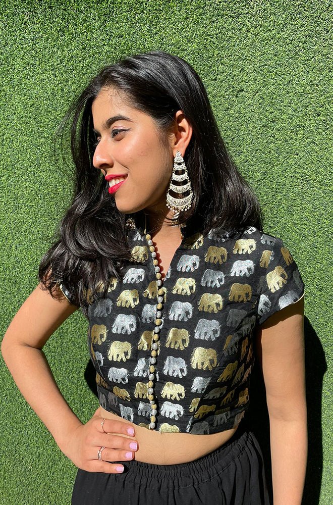 Black Banarasi Silk Potli Botton Padded Sona Roopa Elephant Design Blouse - Luxurion World