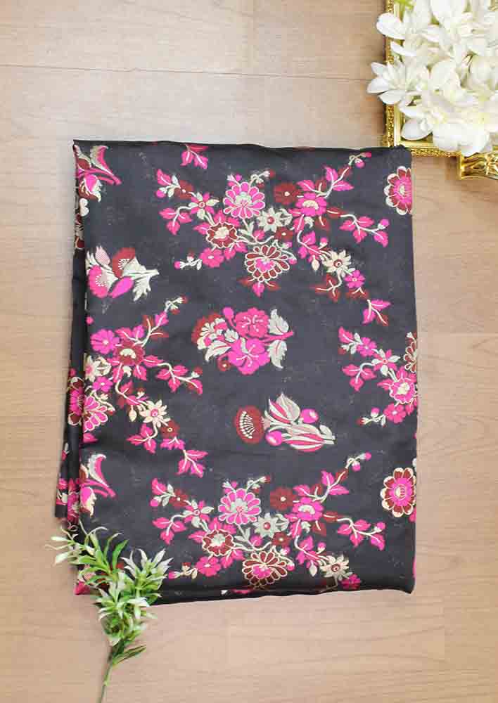 Black Banarasi Silk Meenakari Fabric ( 1 Mtr ) - Luxurion World