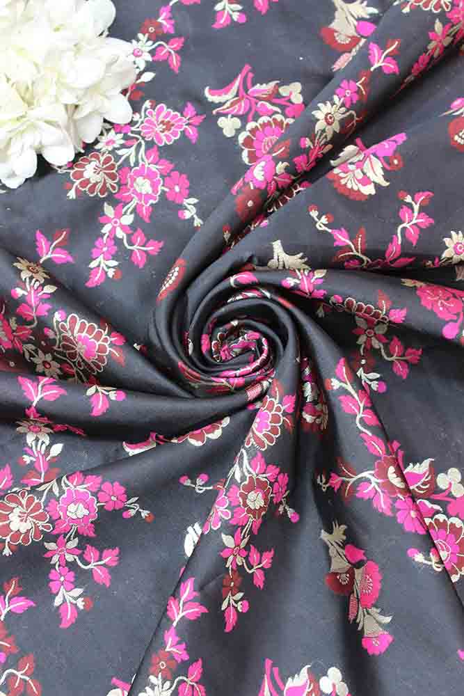 Black Banarasi Silk Meenakari Fabric ( 1 Mtr ) - Luxurion World