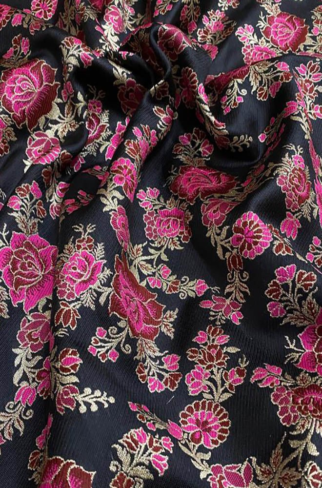 Black Banarasi Silk Meenakari Fabric ( 1 Mtr ) - Luxurion World