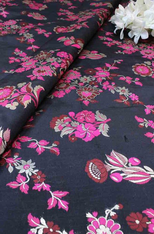 Black Banarasi Silk Meenakari Fabric ( 1 Mtr ) - Luxurion World