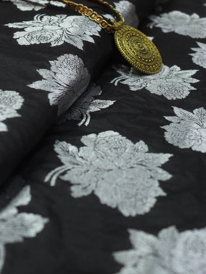 Black Banarasi Silk Silver Zari Floral Design Fabric ( 1 Mtr ) - Luxurion World