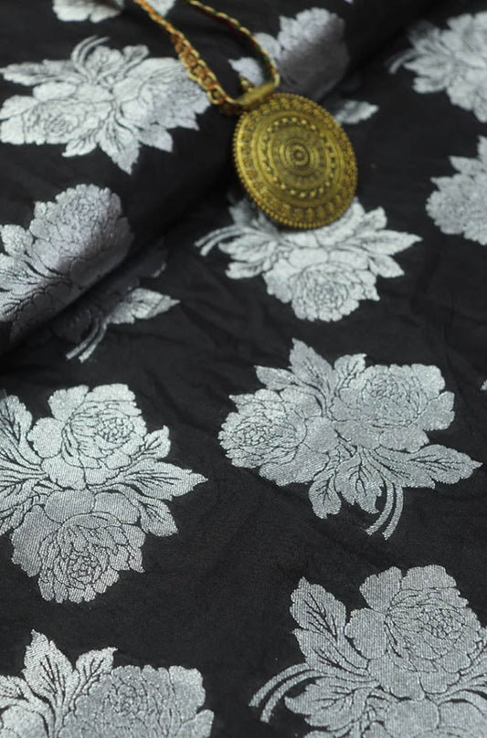 Black Banarasi Silk Silver Zari Floral Design Fabric ( 2.5 Mtr ) - Luxurion World