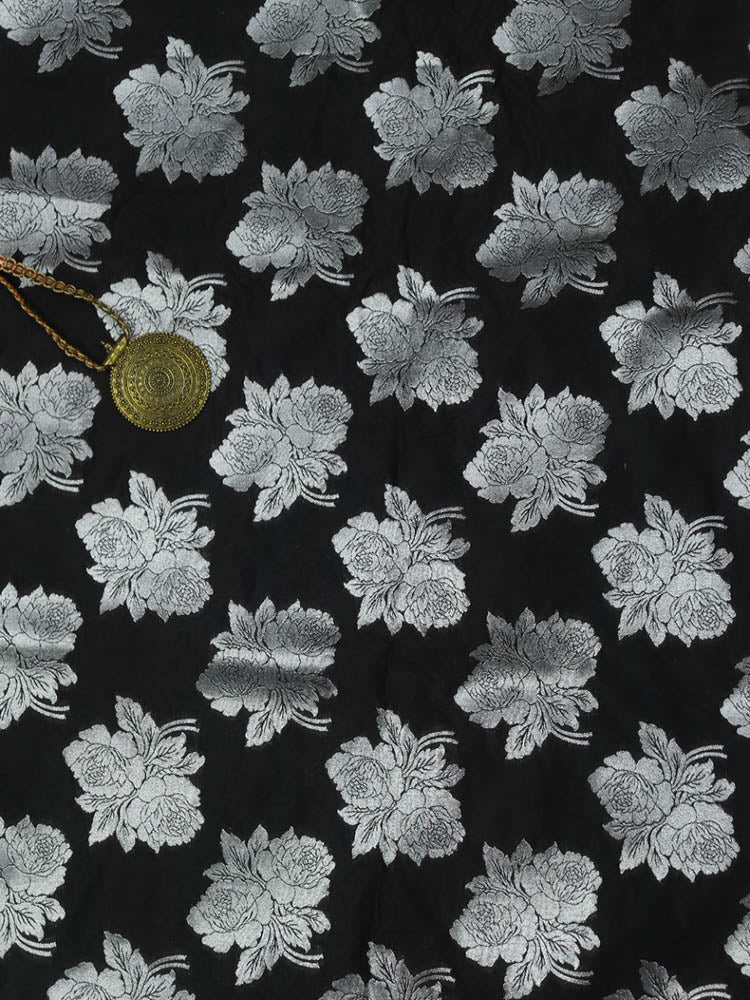 Black Banarasi Silk Silver Zari Floral Design Fabric ( 1 Mtr ) - Luxurion World