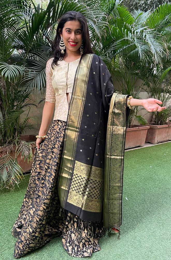 Black Banarasi Silk Stitched Lehenga Set with Pure Silk Kanjeewaram Dupatta - Luxurion World