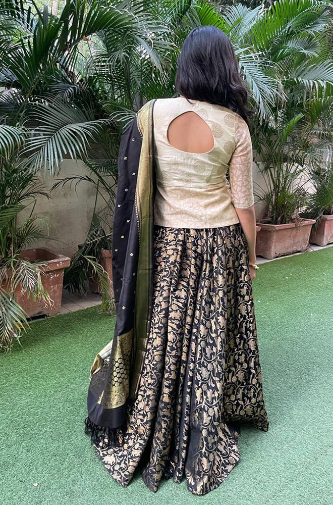 Black Banarasi Silk Stitched Lehenga Set with Pure Silk Kanjeewaram Dupatta