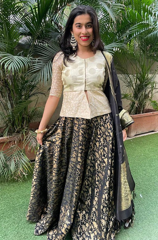 Black Banarasi Silk Stitched Lehenga Set with Pure Silk Kanjeewaram Dupatta - Luxurion World