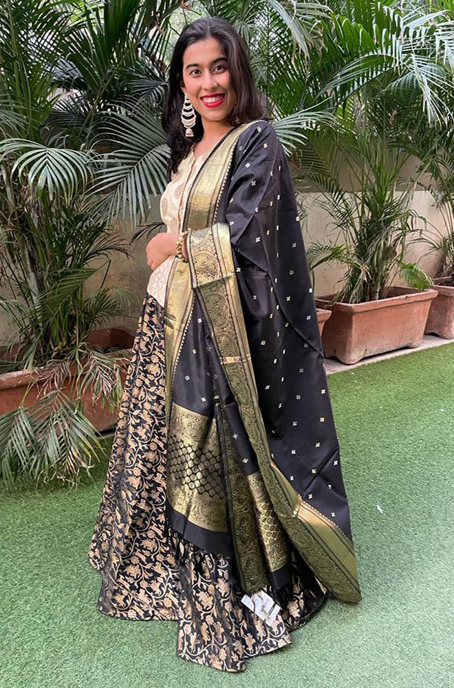 Black Banarasi Silk Stitched Lehenga Set with Pure Silk Kanjeewaram Dupatta - Luxurion World