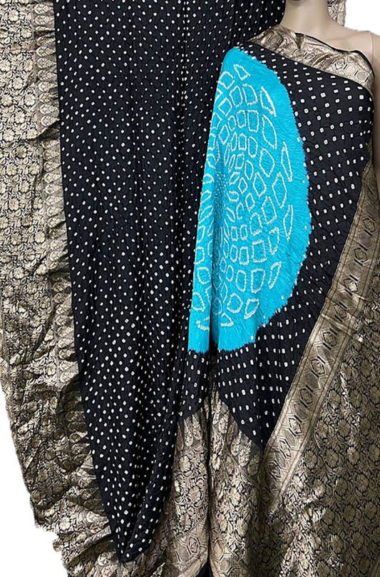 Black Bandhani Pure Silk Kanjeevaram Border Saree - Luxurion World
