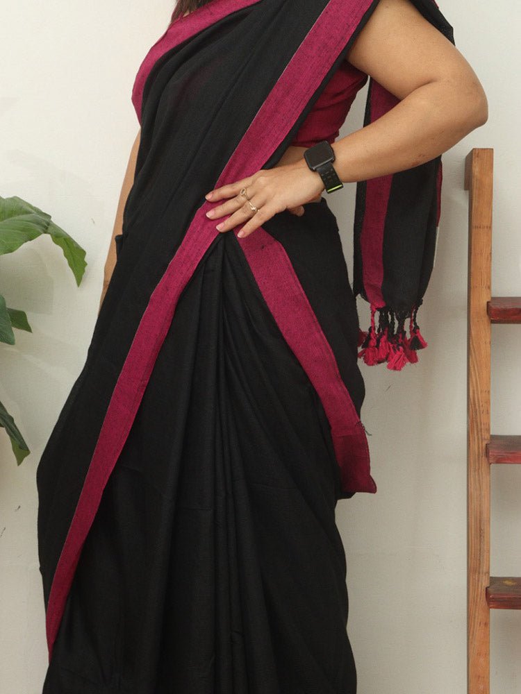 Black Bengal Plain Cotton Saree - Luxurion World