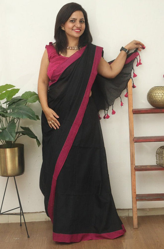 Black Bengal Plain Cotton Saree - Luxurion World