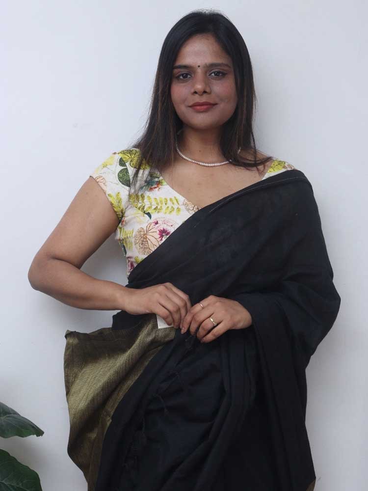 Black Bengal Plain Cotton Saree - Luxurion World