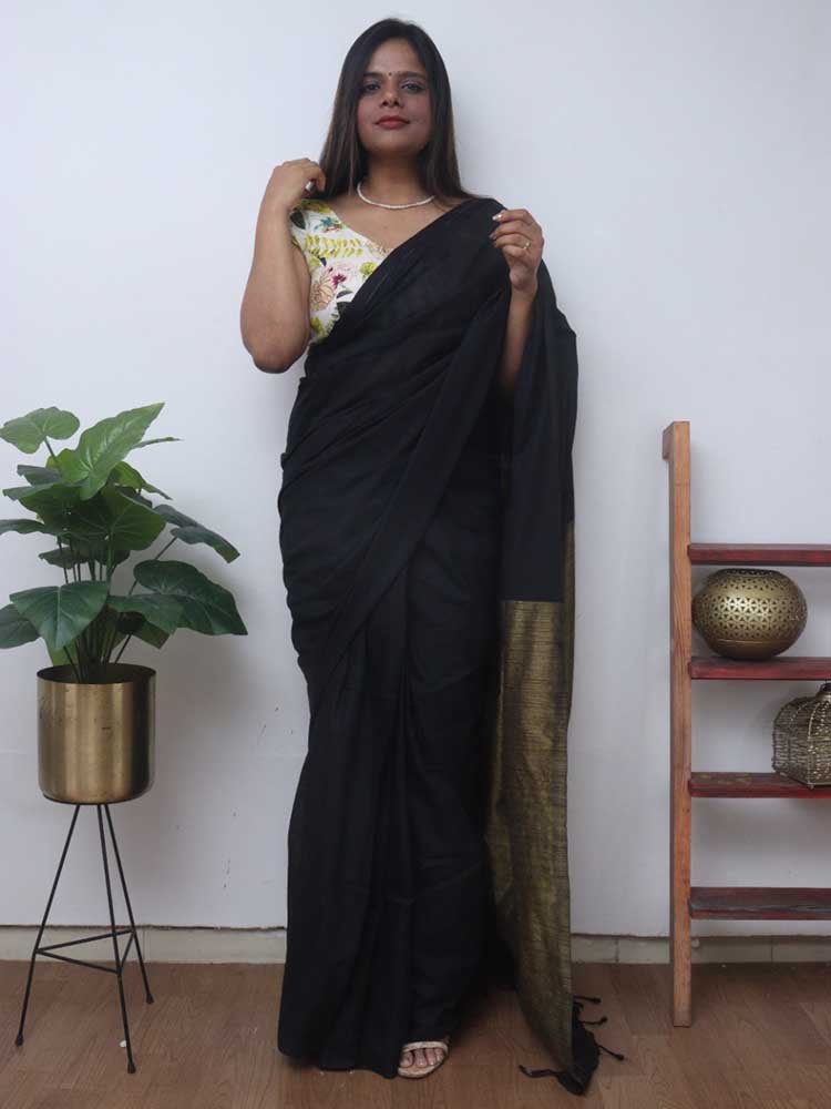 Black Bengal Plain Cotton Saree - Luxurion World