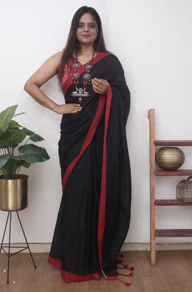 Black Bengal Plain Cotton Saree - Luxurion World