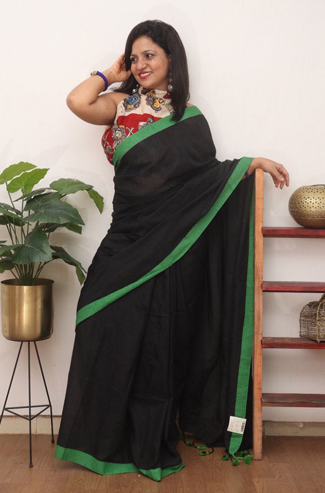 Black Bengal Plain Cotton Saree - Luxurion World