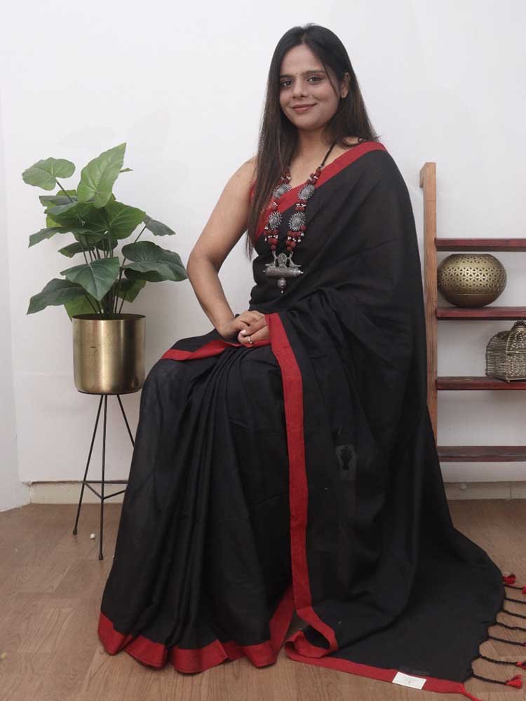 Black Bengal Plain Cotton Saree - Luxurion World