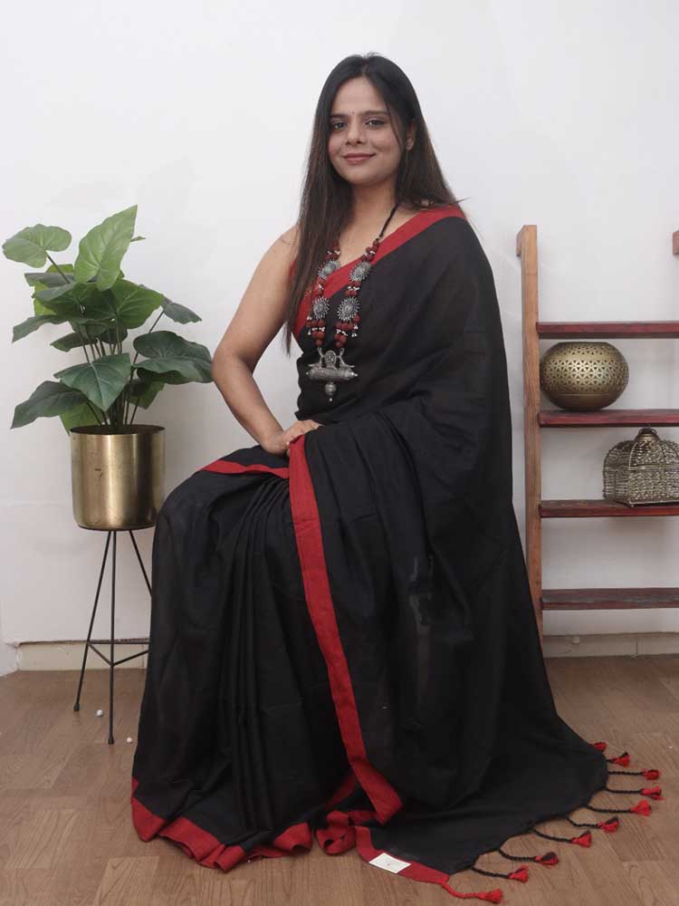 Black Bengal Plain Cotton Saree - Luxurion World