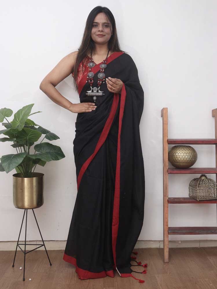 Black Bengal Plain Cotton Saree - Luxurion World