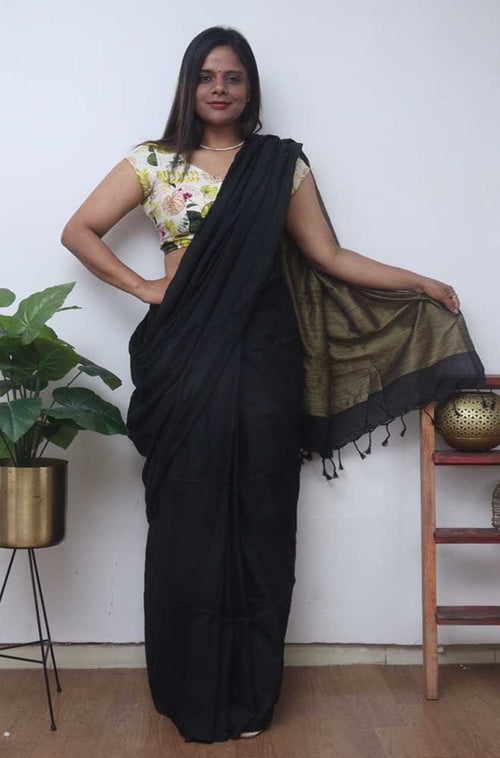 Black Bengal Plain Cotton Saree - Luxurion World