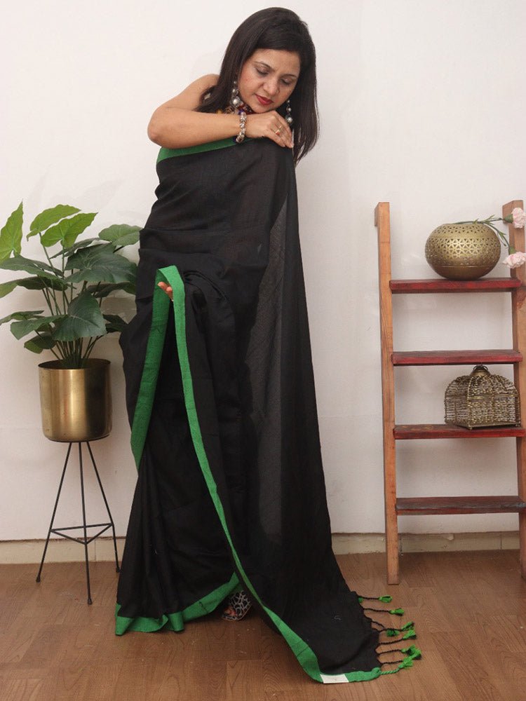 Black Bengal Plain Cotton Saree - Luxurion World
