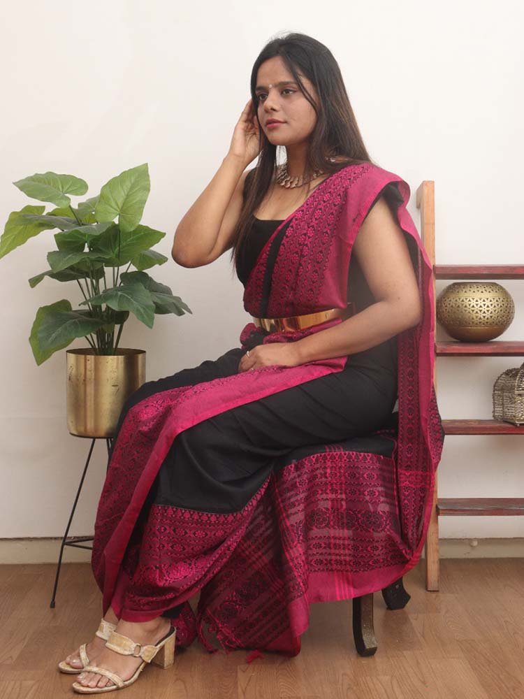 Black Bengal Plain Cotton Saree - Luxurion World