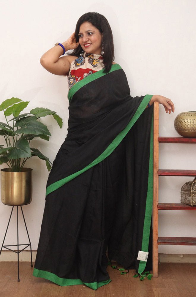 Black Bengal Plain Cotton Saree - Luxurion World