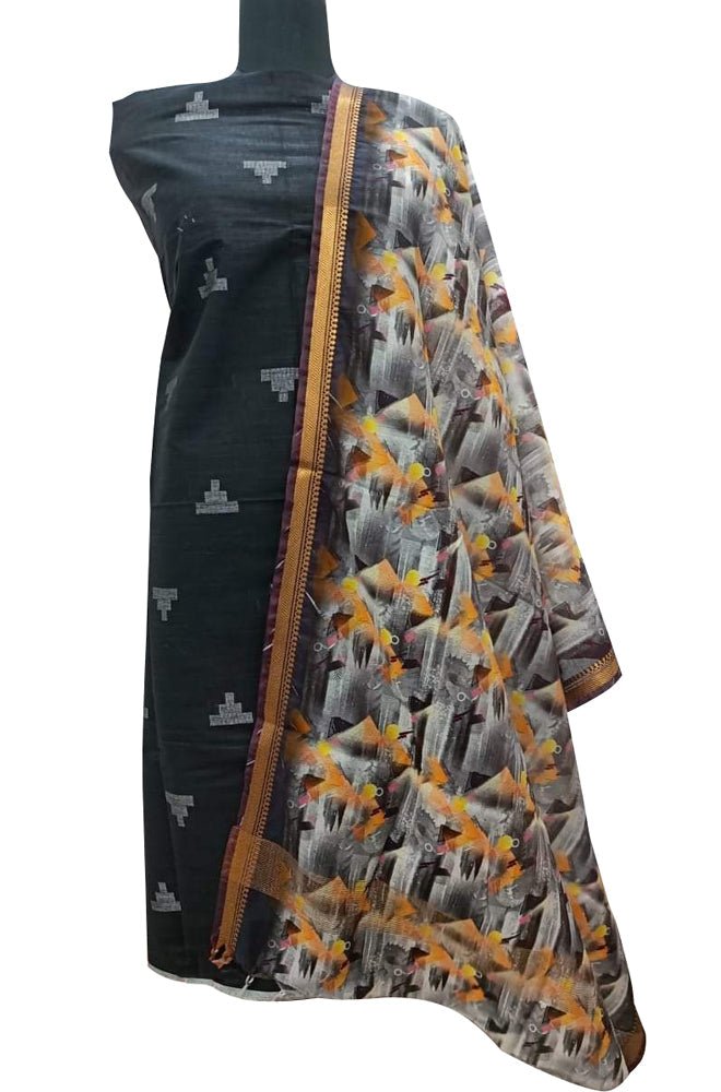 Black Bhagalpur Linen Two Piece Unstitched Suit Set With Digital Printed Dupatta - Luxurion World