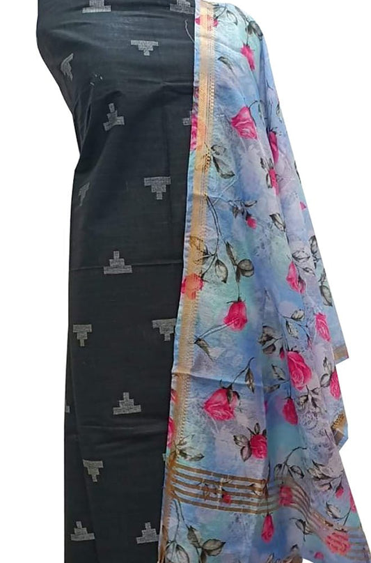 Black Bhagalpur Linen Two Piece Unstitched Suit Set With Digital Printed Dupatta - Luxurion World