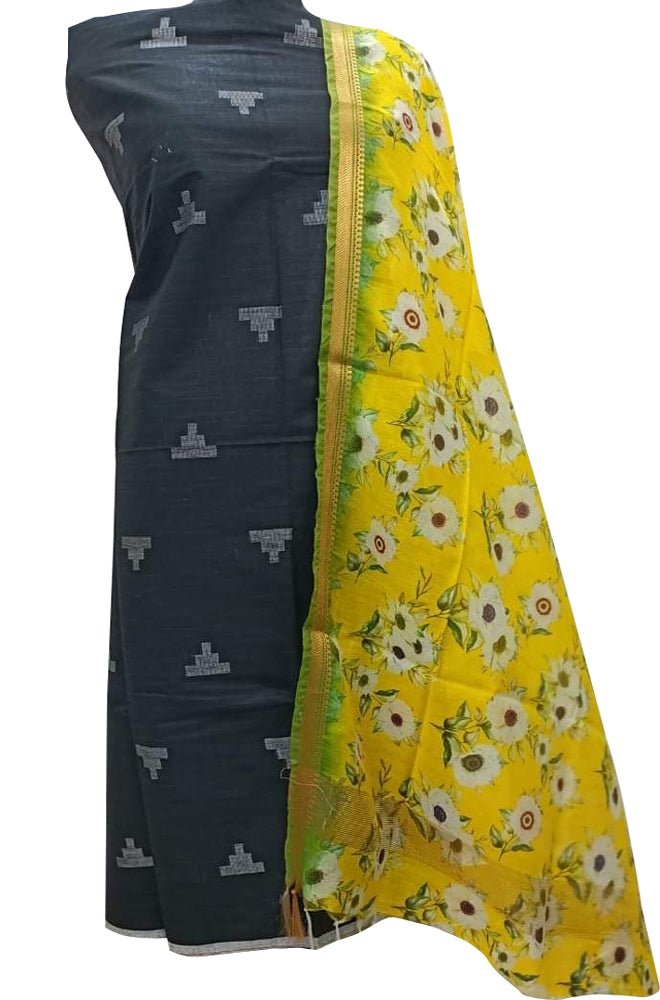 Black Bhagalpur Linen Two Piece Unstitched Suit Set With Digital Printed Dupatta - Luxurion World