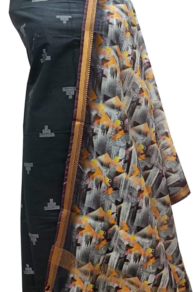 Black Bhagalpur Linen Two Piece Unstitched Suit Set With Digital Printed DupattaLuxurionworld