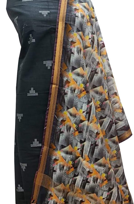Black Bhagalpur Linen Two Piece Unstitched Suit Set With Digital Printed Dupatta - Luxurion World