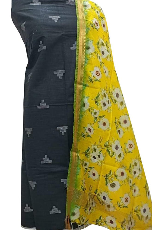 Black Bhagalpur Linen Two Piece Unstitched Suit Set With Digital Printed Dupatta - Luxurion World