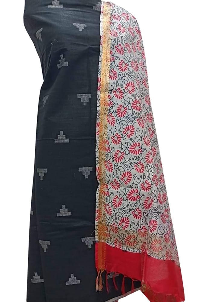 Black Bhagalpur Linen Two Piece Unstitched Suit Set With Digital Printed Dupatta