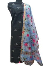 Black Bhagalpur Linen Two Piece Unstitched Suit Set With Digital Printed Dupatta - Luxurion World