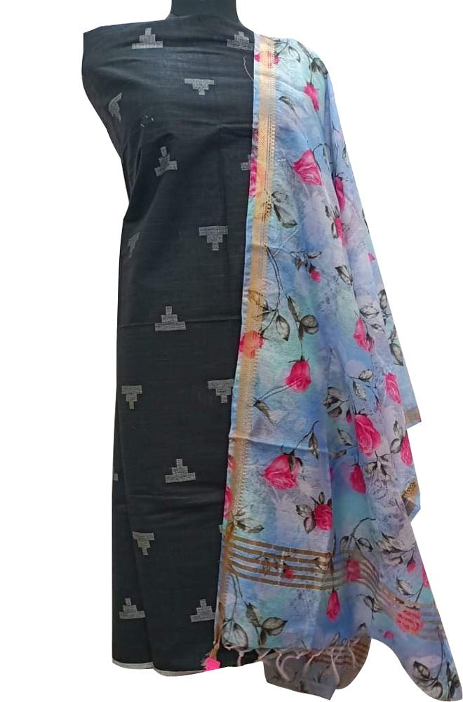 Black Bhagalpur Linen Two Piece Unstitched Suit Set With Digital Printed Dupatta - Luxurion World
