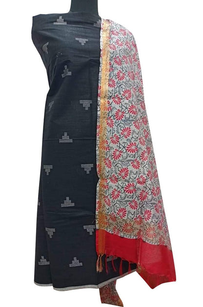 Black Bhagalpur Linen Two Piece Unstitched Suit Set With Digital Printed Dupatta