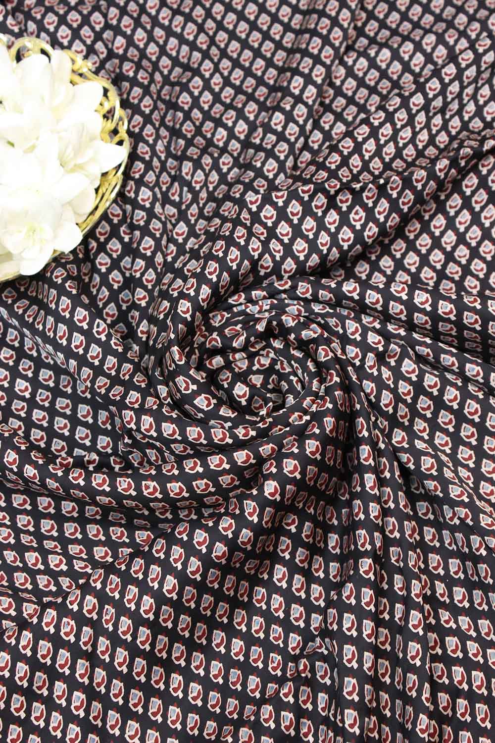 Black Block Printed Ajrakh Modal Silk Fabric ( 1 Mtr ) - Luxurion World
