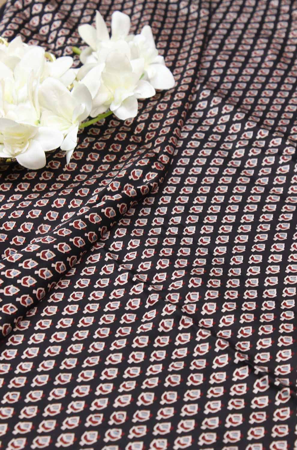 Black Block Printed Ajrakh Modal Silk Fabric ( 1 Mtr ) - Luxurion World