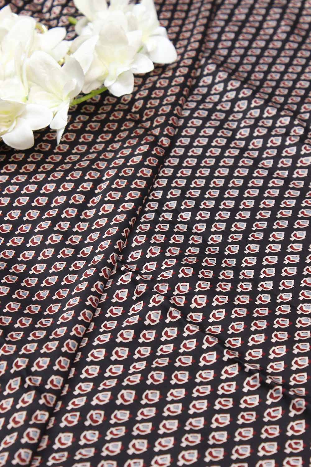 Black Block Printed Ajrakh Modal Silk Fabric ( 1 Mtr ) - Luxurion World