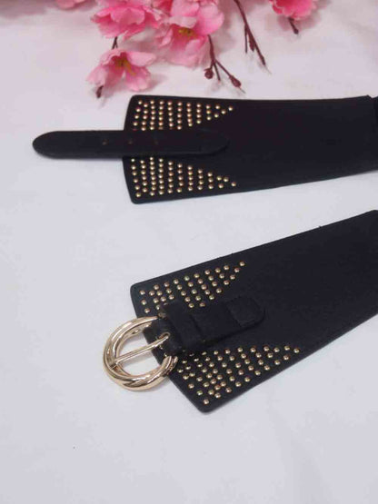 Black Broad Faux Leather Elastic Gold Bead Design BeltLuxurionworld