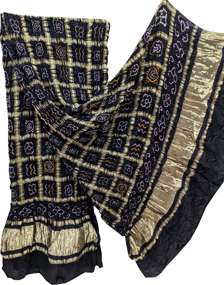 Black Checks Bandhani Pure Gajji Silk Tissue Border Dupatta - Luxurion World