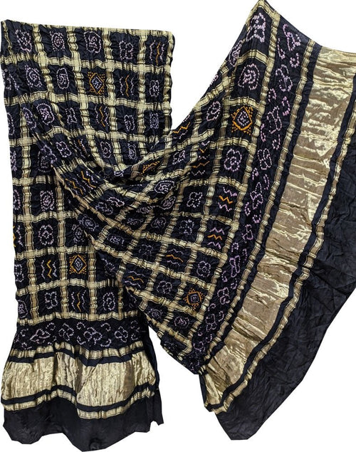 Black Checks Bandhani Pure Gajji Silk Tissue Border Dupatta - Luxurion World