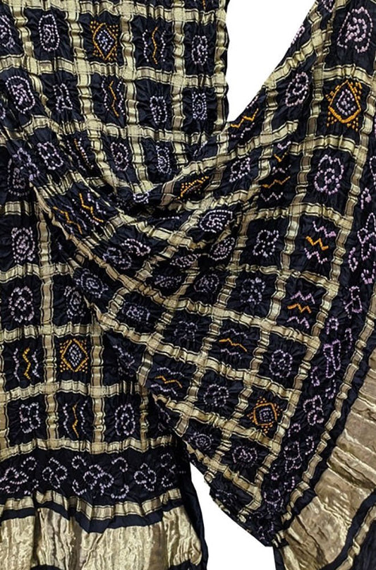 Black Checks Bandhani Pure Gajji Silk Tissue Border Dupatta - Luxurion World