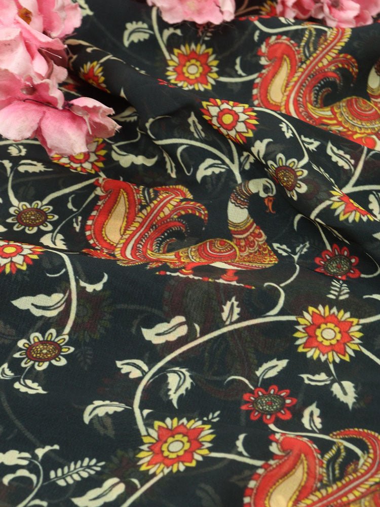 Black Digital Printed Georgette Floral Design Fabric ( 1 Mtr ) - Luxurion World